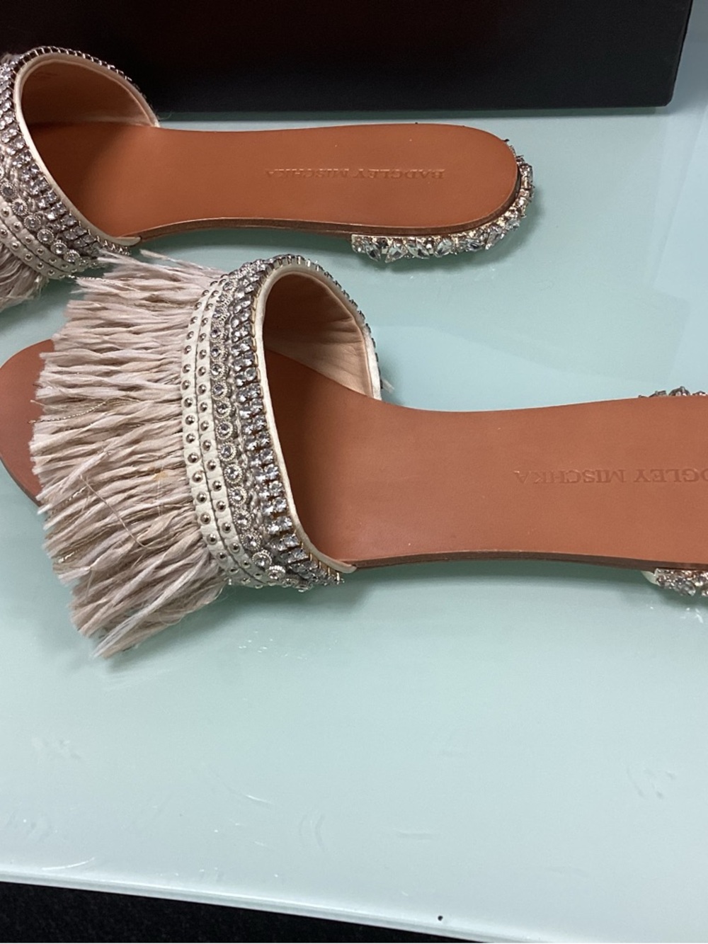 Badgley Mischka Beige Fringed Crystal Slide Sandals